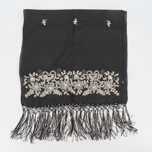 April Cornell Black Cream Embroidered Floral Flower Fringe All Silk Scarf Wrap - Picture 6 of 7